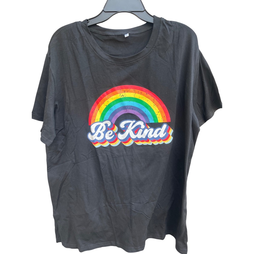 Be Kind Rainbow Graphic Tee Black Short‎ Sleeve Crewneck T-Shirt XL Retro Style